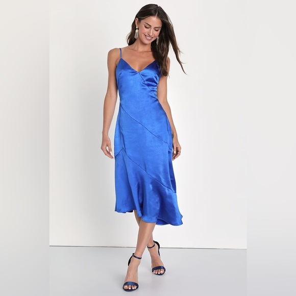 NEW Lulus Instinct Cobalt Asymmetrical Slip Midi Dress Blue Satin Small NWT - Picture 1 of 9